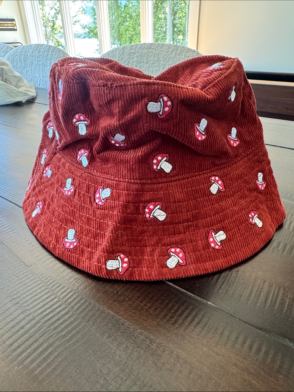 Orange Corduroy Bucket Hat with Mushroom Embroidery